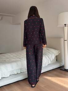 黑色樱桃印花女士翻领睡衣套装 - 黑色 - 查看 2
