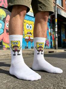 SpongeBob SquarePants 1 đôi tất nam màu trắng in hình hoạt hình bọt biển, tất vui nhộn và thoải mái để mặc hàng ngày. - Nhiều màu - Xem 1