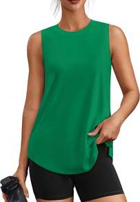 PINSPARK Workout Tops For Women Sleeveless Athletic Tank Tops UPF 50+ Running Tanks With Side Slits Loose Fit Gym Yoga Shirt - Green - View 7