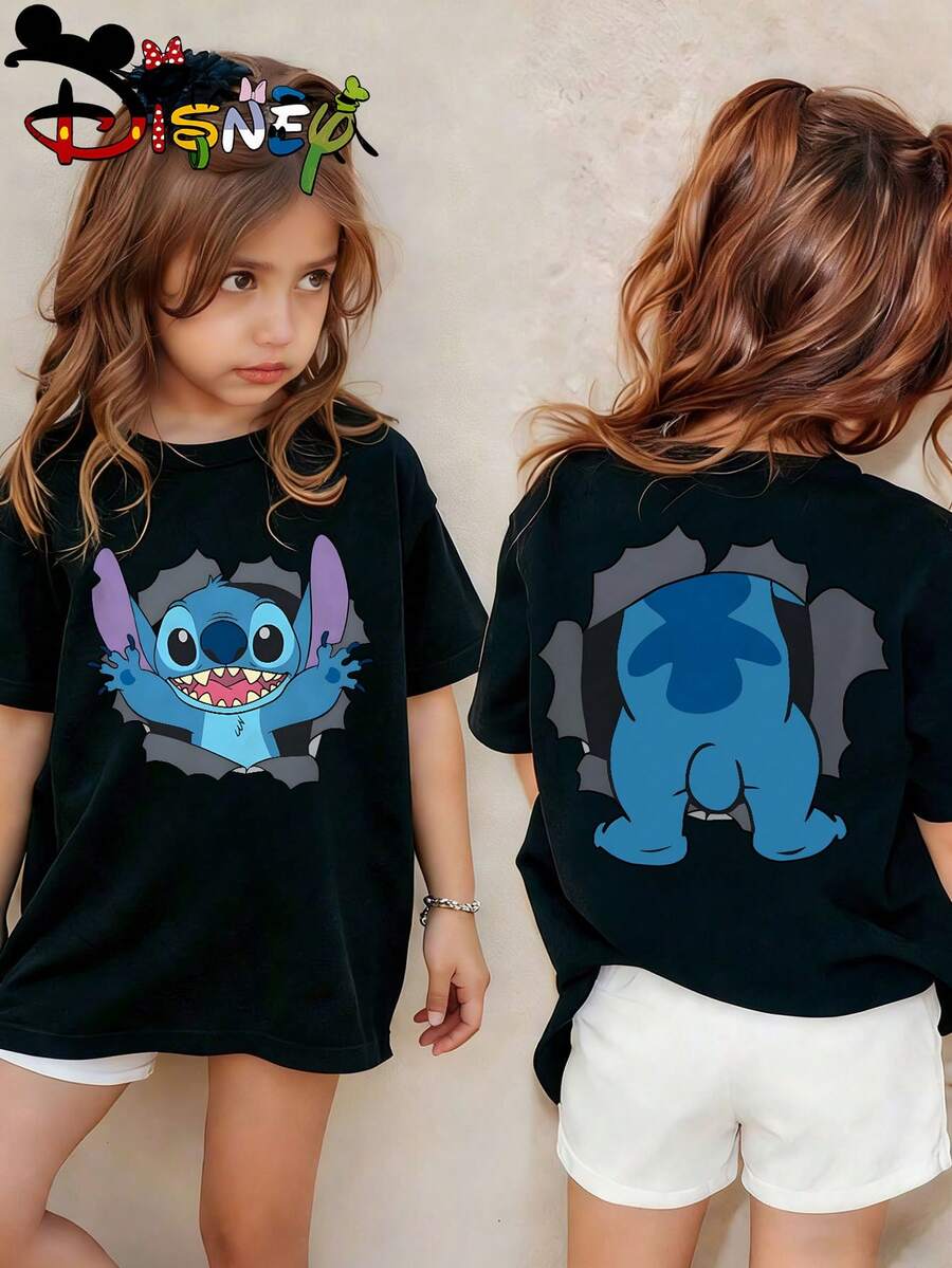 Disney Licensed Lilo & Stitch Peekaboo Kids' T-Shirt, Eye-Catching Front & Back View Tee, Machine Washable, Great For Daily Activities, Playdates, Casual Outings And Everyday Wear, Shipped From Local Warehouse - 黑色 - 查看 1