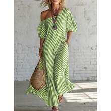 Women's Elegant Striped Off-Shoulder Maxi Dress - Fashionable For Spring - 綠色 - 查看 1