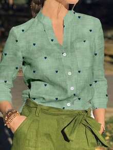 Camisa de mujer de manga larga con botones y bolsillos, con estampado romántico de corazones, adecuada para otoño, invierno y primavera - Verde - Ver 12