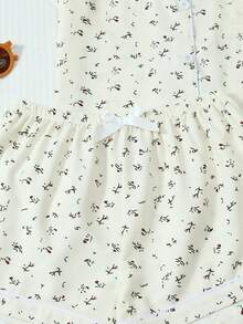 2pcs/Set Comfortable Ditsy Floral Short Sleeve Polo Collar Top And Bow Shorts Pajama Set For Women, Spring/Summer - Apricot - View 6