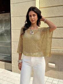 Nuevo chal de punto acanalado de verano para mujer, bajo asimétrico con tela ligera y transpirable, corte holgado adecuado para diferentes figuras, top casual de playa, atuendo de estilo bohemio para el verano - Dorado 3 - Ver 7