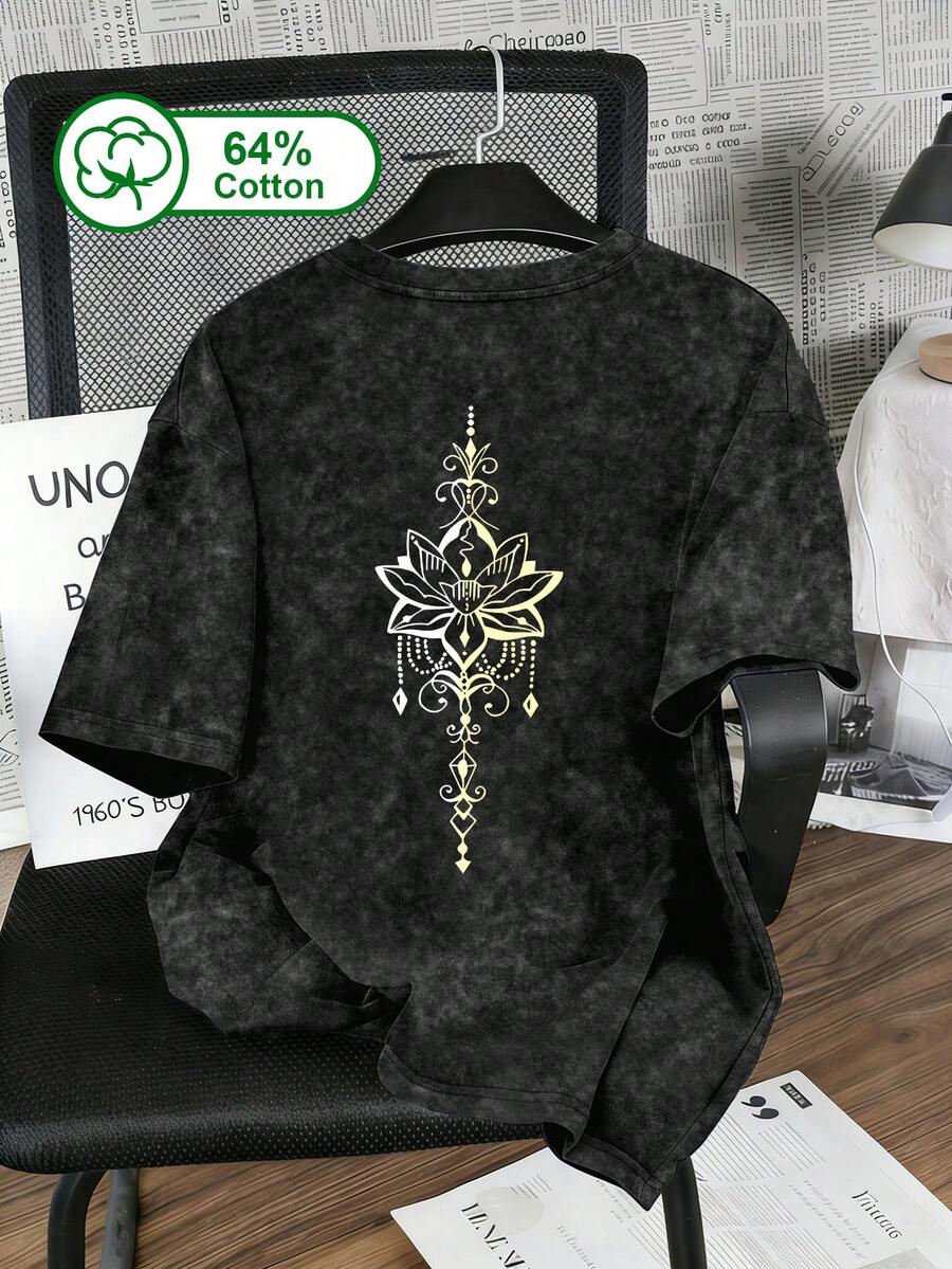 加大码女式复古水洗雪花T恤,创意莲花印花,休闲圆领短袖,女士夏季上衣,加大码T恤 黑色 - 黑色 - 查看 1