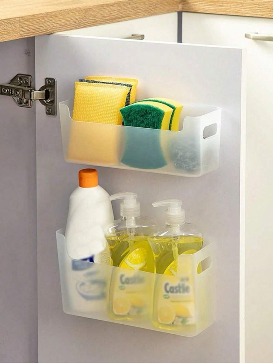 1/2pcs Practical Wall-Mounted Transparent Storage Boxes, Hole-Free Design, Durable Plastic Material, Easy To Install And Clean, Suitable For Kitchen Storage/Bathroom Organization/Desktop Storage/Cabinet Door Hanging Organizer