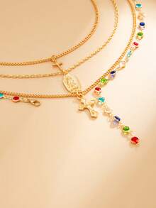 Set de 4 collares rosario de varios niveles chapados en plata, con cristales de colores incrustados, colgante de Virgen María y cruz, estilo gótico Y2K de cadena multicapa, joyería personalizada para mujer, adecuada para uso diario y festividades - Dorado - Ver 5