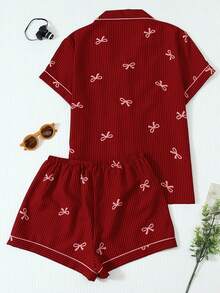 2 piezas Conjunto de pijama de mujer con top de cuello polo de manga corta con estampado de rayas y lazo, y shorts con lazo, cómodo, para primavera/verano - Rojo - Ver 2