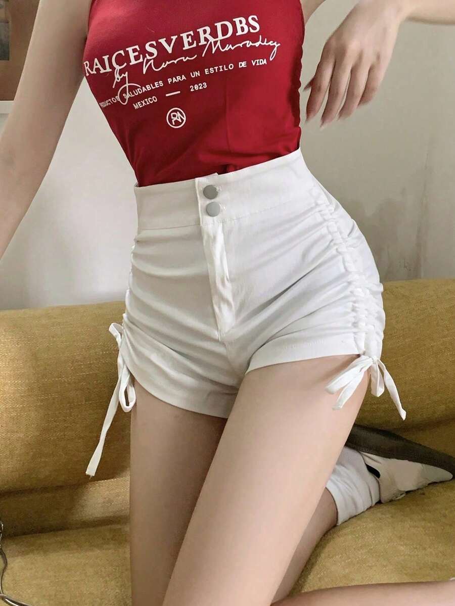 夏季休闲纯色侧抽绳短裤 白色 - 白色 - 查看 1