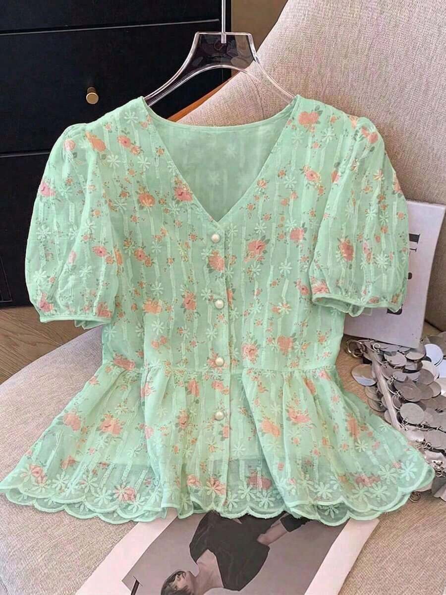 Blusa de mujer con cuello en V bordada de estilo romántico francés de manga corta - Verde - Ver 1