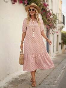 YJLEMERY ROSE Women's Dress With Notched Collar, Ruffled Hem And Short Sleeves YJL - Black - View 6