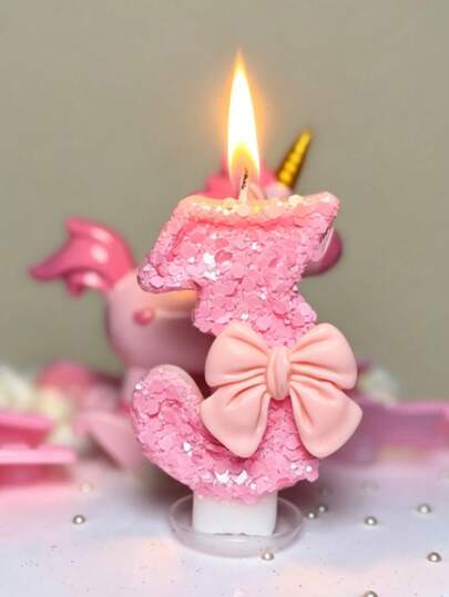1pc Pink Glitter Bow Number Candle, 7cm Sparkly Cake Topper For Birthday Party Decor Cute Sweet Fairy Pink Glitter Number Candle With Bow, Sparkly Cake Topper For Girls' 1-9th Birthday Party Supplies