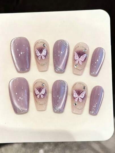 10PCS Coffin Handmade Press On Nails, Three-Dimensional Flowers With Gold Foil, Retro French Polka-Dot Silk Cat's Eye, Purple Gold-Plated Cat's Eye Butterfly, Suitable For Parties And Daily Wear. Suitable For Girls And Women Festivals Parties And Music Festival And Daily Wear,Valentine's Day Mother's Day Gift.