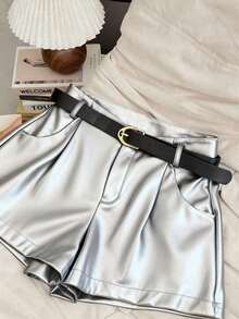 Pantalones cortos plisados de unicolor de piel de PU para mujer, estilo casual y de oficina - Plateado - Ver 4