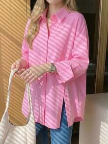 Women's Long-Sleeved Blouse With Lapel, Single Button Closure, And Casual Style For Everyday Wear, In A Solid Color - Red - View 6