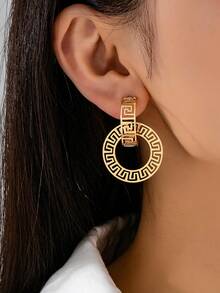 Nuevo conjunto de pendientes de estilo retro francés con diseño geométrico hueco personalizado y de moda - Negro y oro - Ver 2