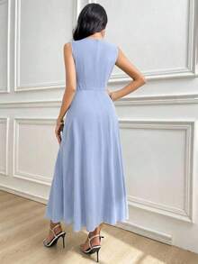 Vestido largo sin mangas de unicolor que ciñe la cintura para mujer - Celeste - Ver 6