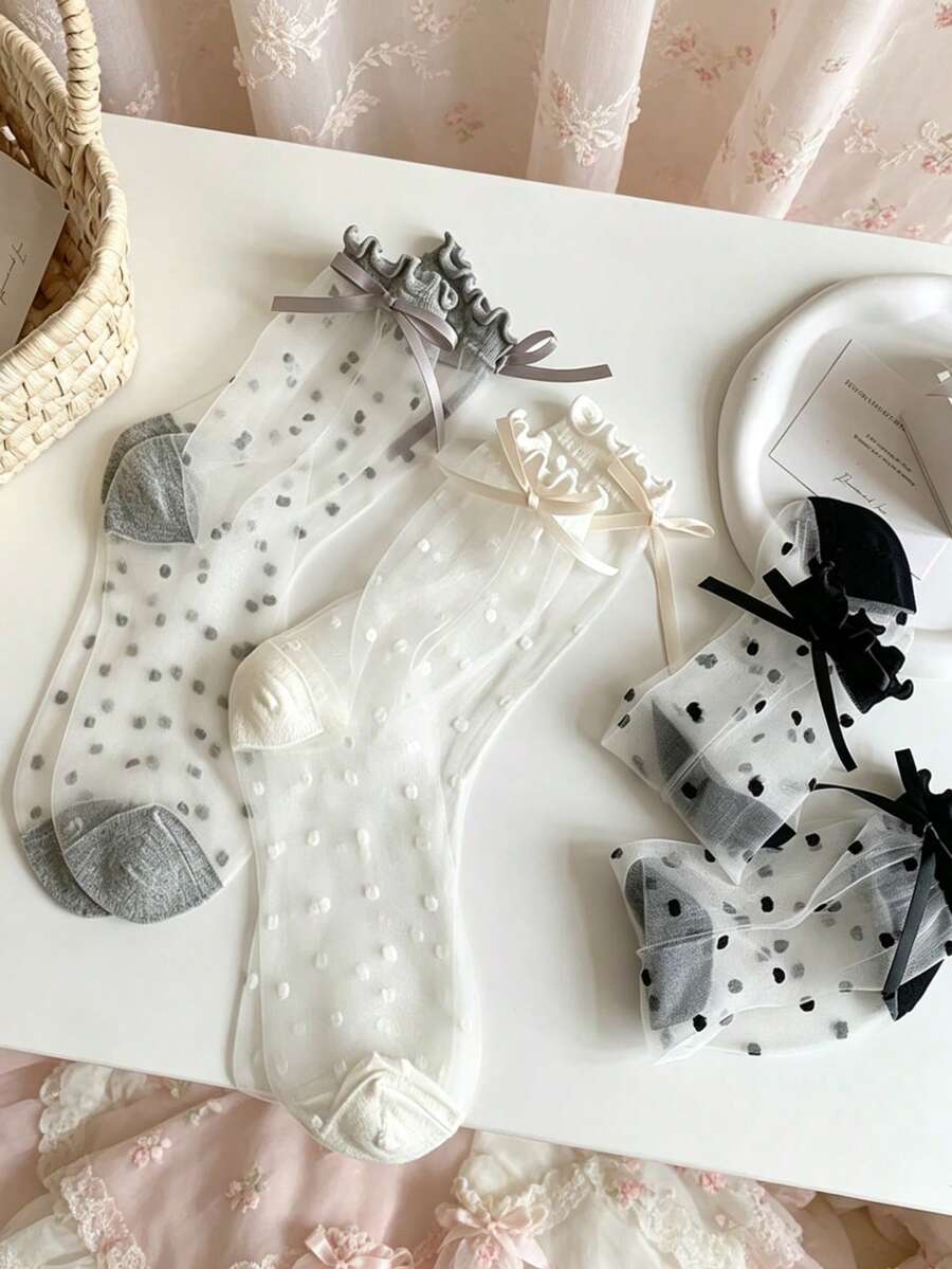 3 đôi tất mùa hè mỏng, thoáng khí, chấm bi, viền ren, chất liệu lụa đính pha lê, kiểu Nhật JK, tất trong suốt dài đến bắp chân có nơ dành cho nữ. - Nhiều màu - Xem 1