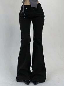 Jeans de tiro bajo con diseño de bolsillo, estilo casual y versátil - Negro - Ver 8