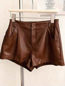 Pantalones cortos plisados de unicolor de piel de PU para mujer, estilo casual y de oficina - Marrón - Ver 5