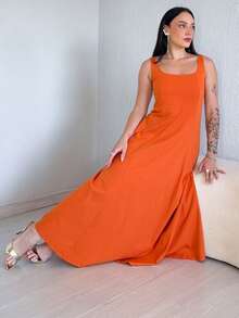 Long, Flared Dress, 100% Cotton, With Pocket And Slit. - Terracotta - View 3