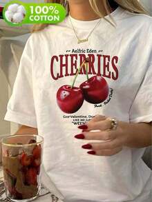 This Casual Short-Sleeve Crew Neck T-Shirt Features A Red Cherry Print, Perfect For Everyday Wear. Made From 100% Pure Cotton, It's Ideal For Daily Outfits And Makes A Great Gift For Labor Day And Mother's Day. - 白色 - 查看 1