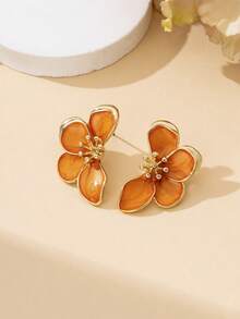 1 Pair Elegant French Retro Versatile Handmade Enamel Gradient Orange Half Flower Stud Earrings, Suitable For Beach, Date, Travel, Best Gift For Girlfriend - Orange - View 2