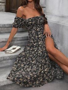 Vestido maxi de impresión floral con cuello cuadrado y abertura alta para vacaciones y playa para mujeres - Negro - Ver 4