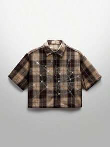 Men's Street Style Crystal Spider Web Plaid Short Sleeve Woven Shirt - Màu xanh lam - Xem 1