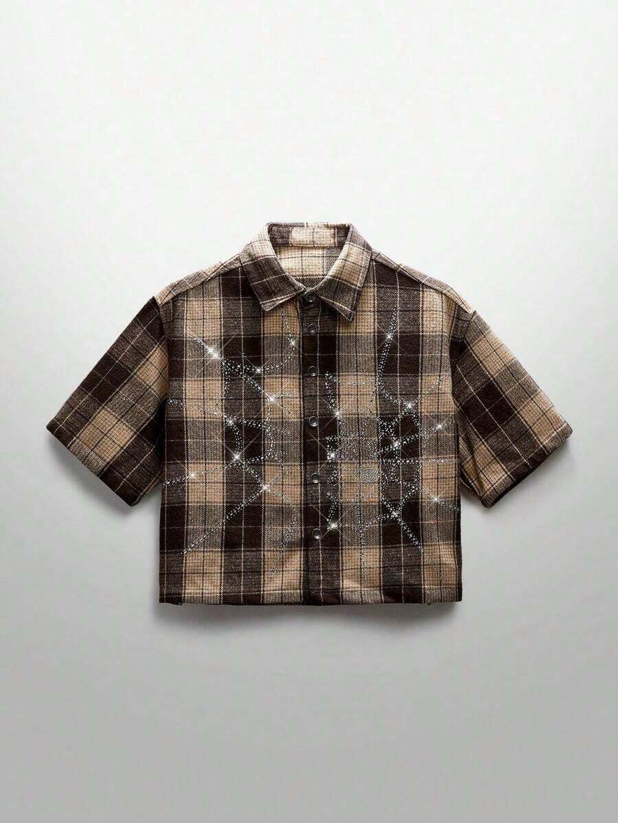 Men's Street Style Crystal Spider Web Plaid Short Sleeve Woven Shirt - Màu xanh lam - Xem 1