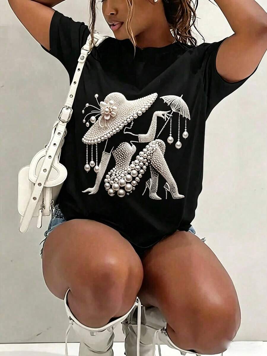 女士珍珠艺术图案T恤，优雅廓形印花T恤，甜美女性短袖休闲上衣