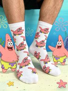SpongeBob SquarePants 1 đôi tất nam màu trắng in hình sao biển hoạt hình, tất ngộ nghĩnh và thoải mái để mặc hàng ngày. - Nhiều màu - Xem 4