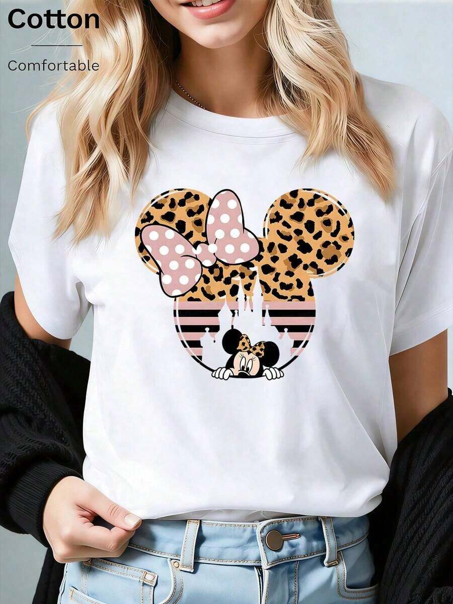 Disney Loose Leopard Print Mickey Head Castle Minnie Print T-Shirt, Suitable For Summer And Spring, Short Sleeved Top, Women's Clothing, Holiday Gift Party Clothing.--Disneys Disneyland Paris The Magic Kingdom Disneyesque The House Of Mouse Mickey Mouse Empire Modest Summer Outfits Take That T Shirt Summer Coord Tops For Women Summer Summer Clothes Women Summer Clothes Summer Tops Summer Tops Women Summer Co Ord Summer Top Summer Outfits White Top Black Top Holiday Outfits For Women Tops For Women Summer Holiday Gifts Valentine's Day Gifts Earth Day Gifts Oktoberfest Gifts Summer Bank Holiday Gifts - trắng - Xem 1