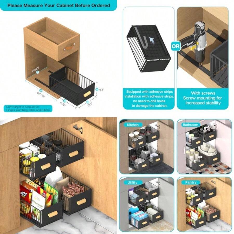 Paquete de 2 organizadores extraíbles fijos con nanopelícula adhesiva, cesta deslizante para gabinetes de cocina, despensa de baño, 12.2 pulgadas de ancho x 17.3 pulgadas de profundidad x 6.2 pulgadas - Negro 2pcs - Ver 1