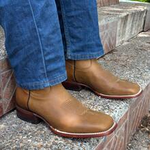 Botas vaqueras de piel para hombre color café chocolate con bordado, puntera cuadrada y caña media, cómodas y resistentes para actividades en el exterior Suela de Cuero - Albaricoque - Ver 3
