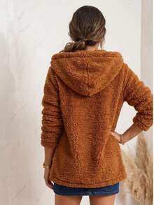 Women's Warm Teddy Faux Fur Casual Coat With Pockets - Autumn/Winter - 摩卡棕 - 查看 2