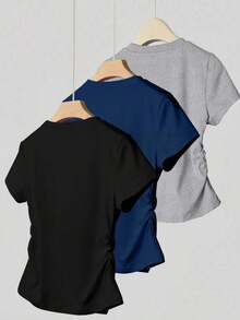 Set de 3 piezas de tops para mujer para exteriores, en color champán, marrón moca y negro, nuevas llegadas de verano, camiseta ajustada con pliegues, de moda y versátil, con estilo callejero fotogénico, imprescindible, de vuelta al colegio, que lla - Multicolor - Ver 2