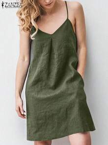 ZANZEA-vestido con tirantes y espalda descubierta para mujer, vestido liso sin mangas con cuello en V, informal, para fiesta y playa, de gran tamaño, 2023 - Marina de - Ver 4
