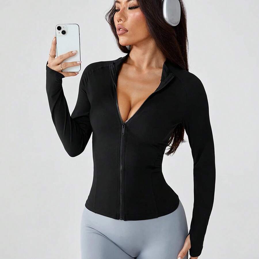 Ropa de yoga para mujer en otoño, chaqueta con cremallera, top deportivo, ropa de abrigo ajustada de manga larga, entrenamiento profesional para correr y fitnes - Negro - Ver 1