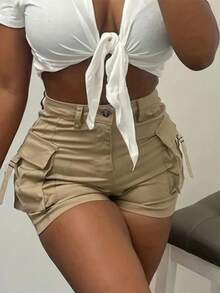 Shorts Casuales de Verano para Mujer con Bolsillos, Ideales para Uso Diario y Conjuntos de Fiesta - Caqui - Ver 4