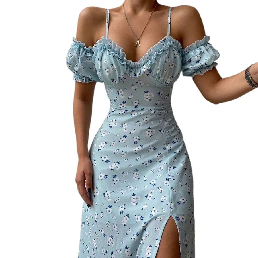 Nuevo vestido Midi ajustado de manga corta con hombros descubiertos y estampado Floral informal elegante de verano para mujer para fiesta y vacaciones en Club - azul claro - Ver 1