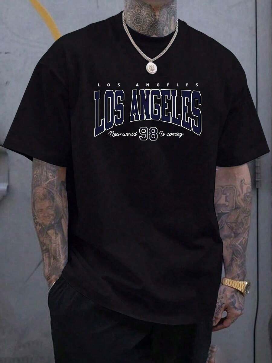 Men's Plus Size Oversized T-Shirt With Los Angeles Print - Crew Neck, Short Sleeve, Casual Summer Wear, Comfortable And Casual For Big And Tall Men, PLUS SIZE - 黑色 - 查看 1