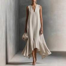 Vestido largo asimétrico de moda para mujer escote pronunciado sin mangas estilo elegante que adelgaza silueta última  primavera verano - Blanco - Ver 8