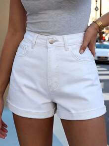 Shorts vaqueros de tiro alto lavados y remangados, de estilo minimalista y versátil, para mujer, de uso casual en verano - Blanco - Ver 6