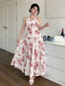 Vestido elegante sin mangas con cuello redondo y volantes hasta la pantorrilla para mujeres, vestido maxi floral de estilo boho para vacaciones de verano - Rojo - Ver 4