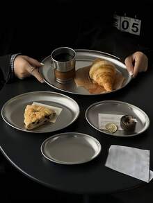 1pc Ins Style Stainless Steel Wavy Oval Tray, Retro Niche Dessert Plate, Minimalist Oval Plate, Suitable For Cafe, Cake, Afternoon Tea, Applicable To Restaurant, Living Room, Home, Wedding, Gathering, Party. Silver Color, Deep Dish, Oval Plate - Silver - View 8