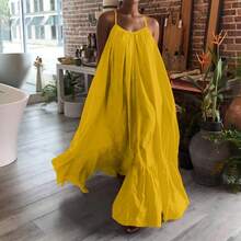 Vestido de primavera para mujer, vestido Sexy de tirantes lisos con bolsillo, suelto, sin espalda, vestidos grandes con vuelo, vestidos de vacaciones para mujer, invitados de boda - Amarillo - Ver 5