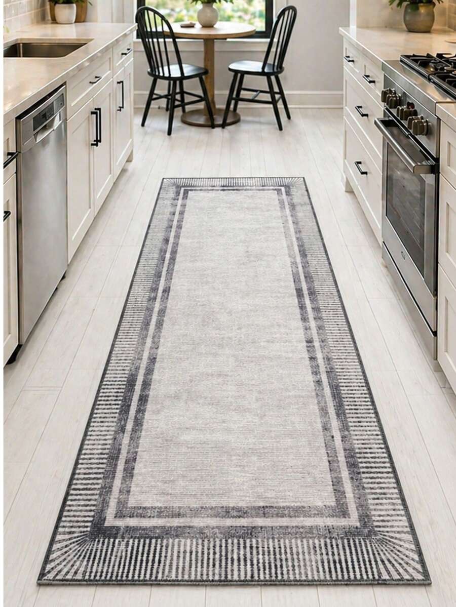 Modern Geometric Digital Printed Kitchen Rug - Non-Slip & Machine Washable Floor Mat, Made In Turkiye 80x200 Cm, 80x300 Cm,100x200 Cm, 120x180 Cm - Light Grey - View 1