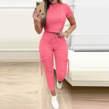Conjunto ajustado de dos piezas de Color sólido para mujer, camiseta recortada, pantalones largos ajustados, conjuntos de bolsillo con cordones para mujer, ropa deportiva para primavera y verano 2023 - Rosa Roja - Ver 5