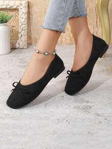 Women's Suede Bow Ballet Shoes, Square Toe Casual Slip-On Loafers - Black - View 10